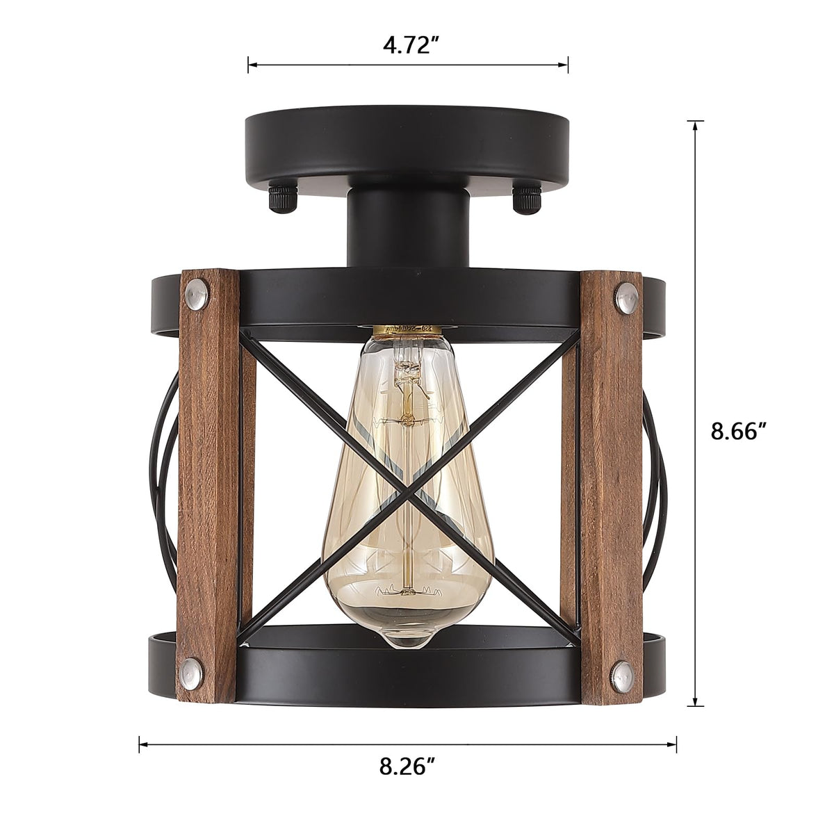Farmhouse Wood Flush Mount Ceiling Light Fixture Oak Wood and Metal Round Cage Small Semi Flush Mount Ceiling Light