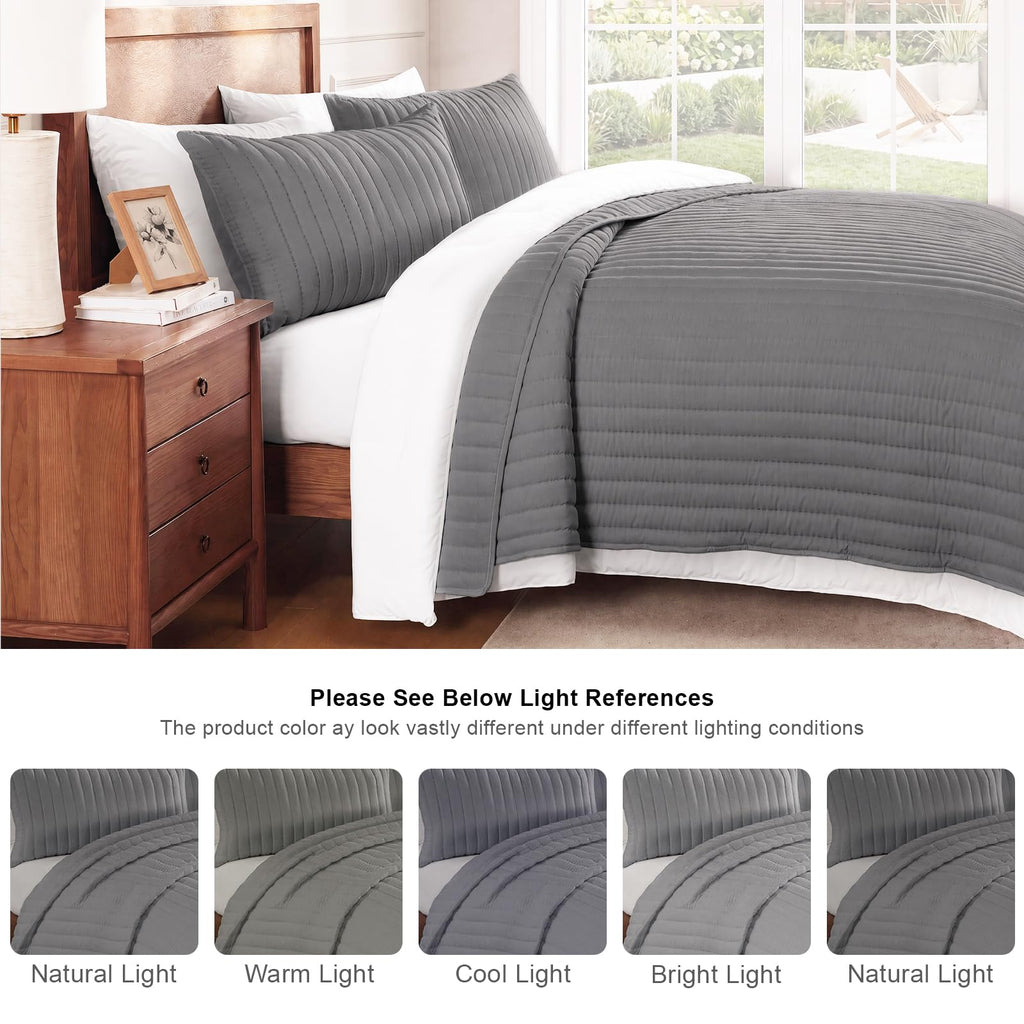 Striped Stitched Quilt Set +2 Pillow Shams, Grey Quilts