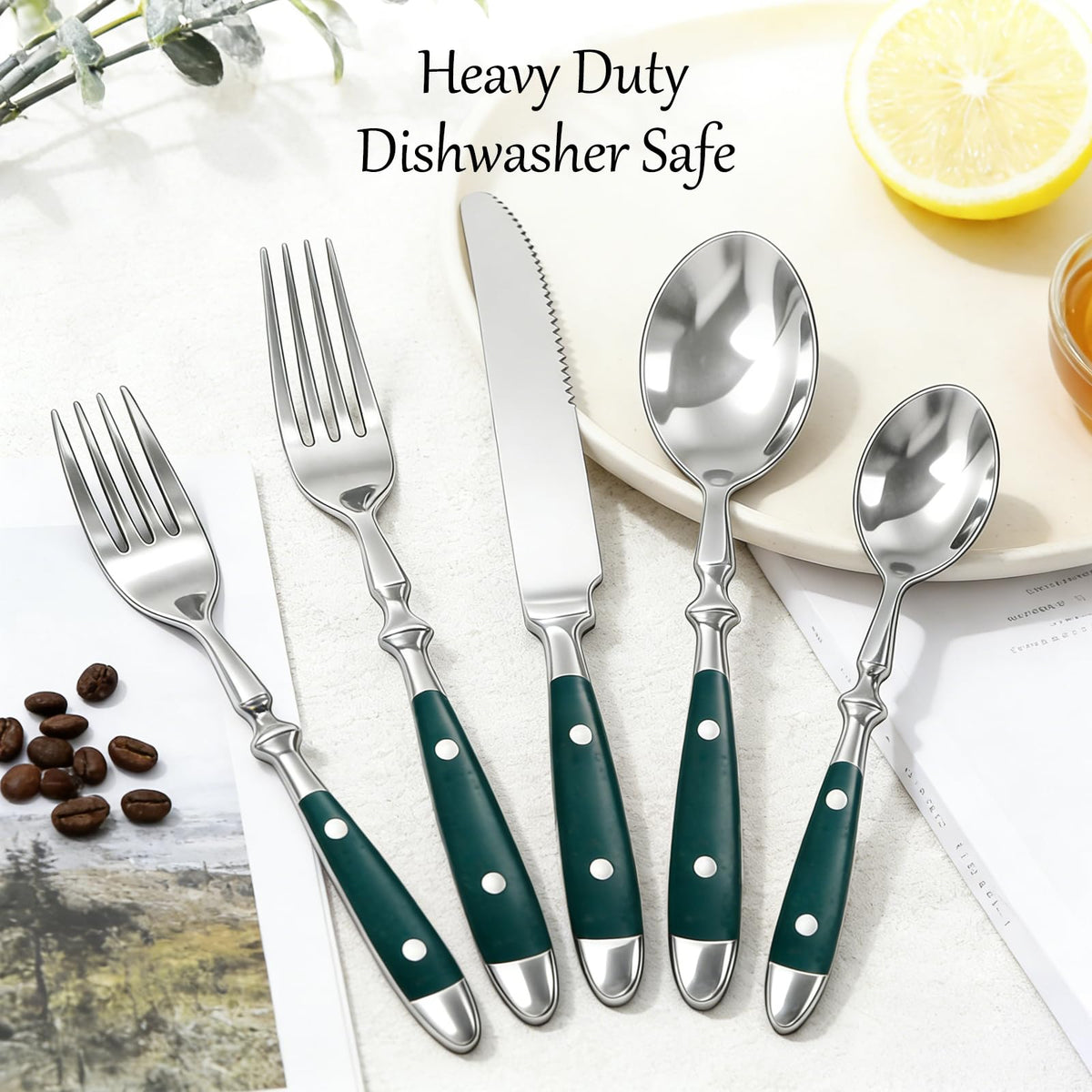 Vintage Silverware Set Service for 4, Flatware Set with Green Bakelite Handle, Stainless Steel Cutlery Set