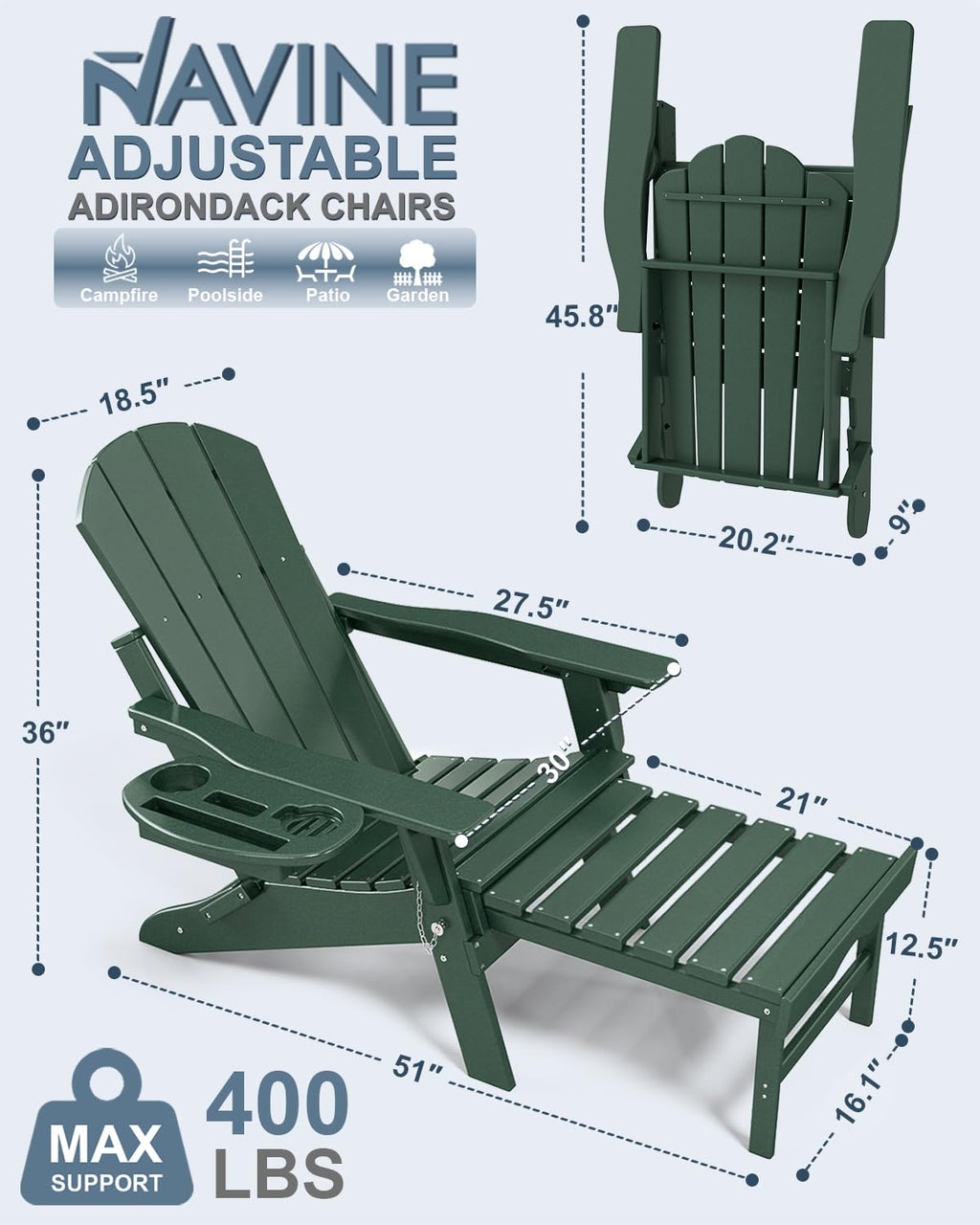 Adjustable Adirondack Chair Set of 2 with Retractable Ottoman