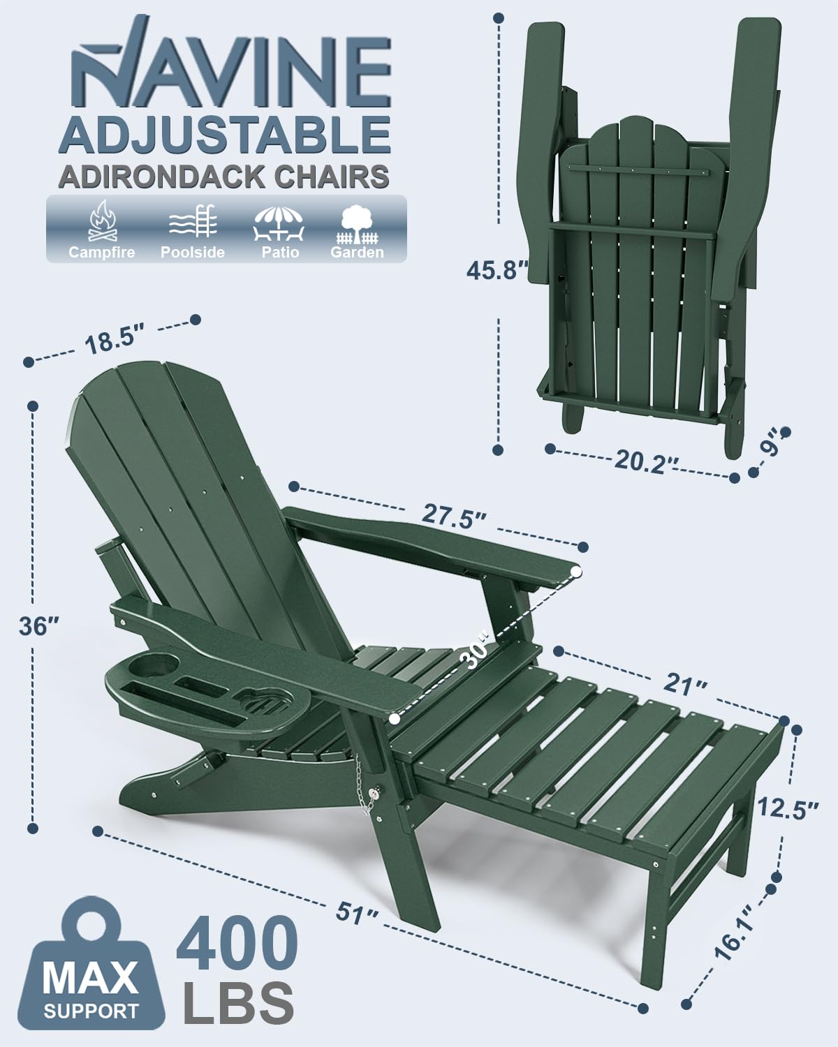 Adjustable Adirondack Chair Set of 2 with Retractable Ottoman
