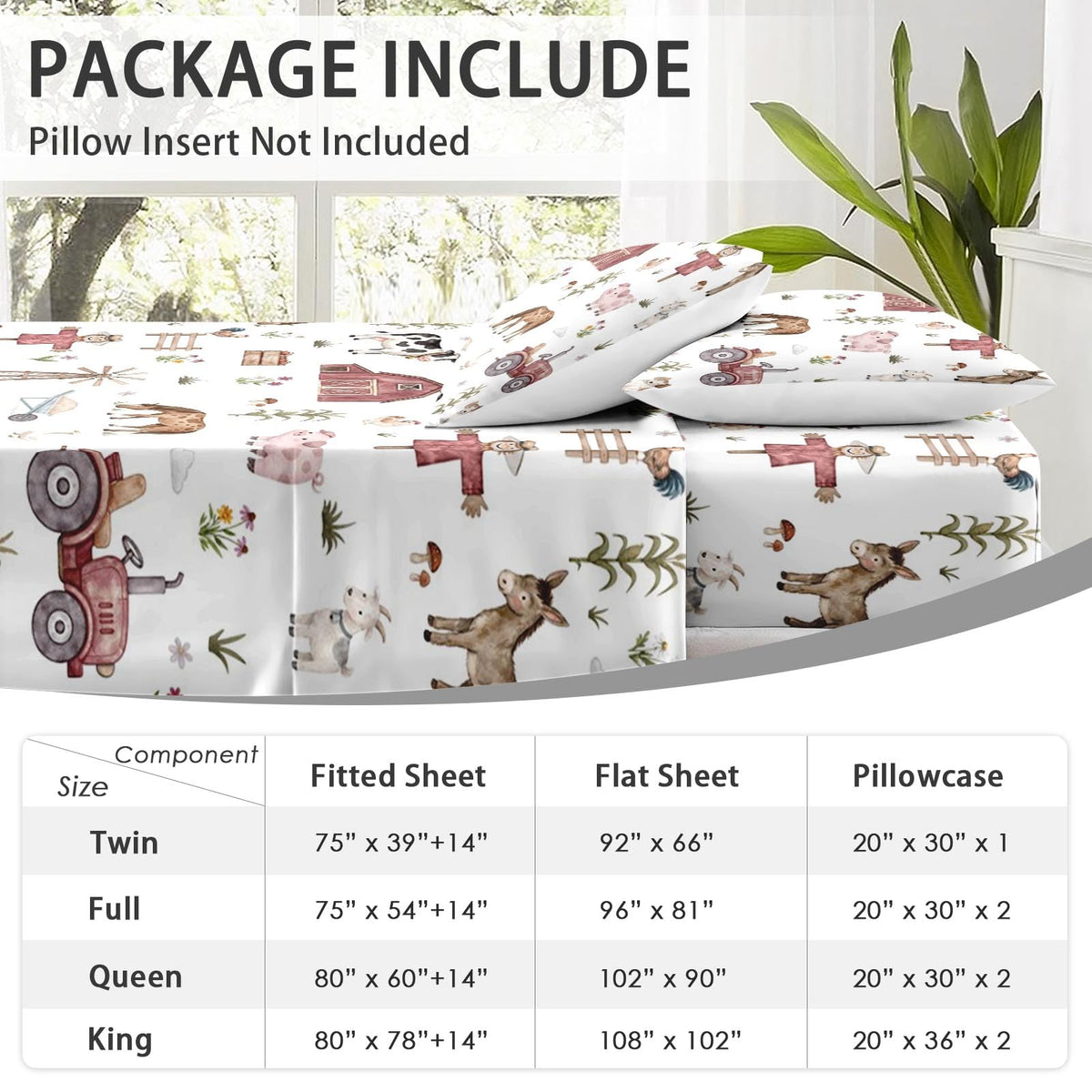 Bed Sheet Set, 4 Pieces Farmhouse Farm Bedding with Flat