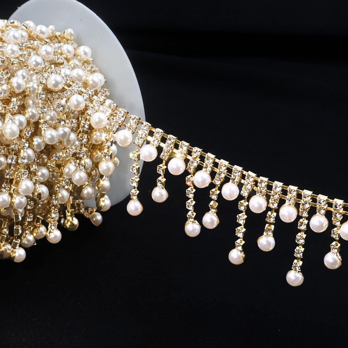 Gold Pearl Trim Rhinestone Trim Pearl Chain Tassel - 2 Yards