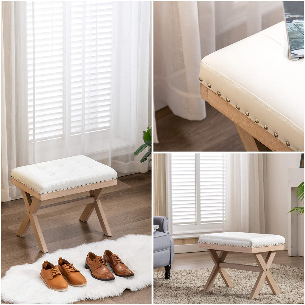 Bench Ottoman Faux Leather Upholstered Entryway Bedroom Bench Footstool Seat with X-Shaped Wooden Legs Bedroom Living