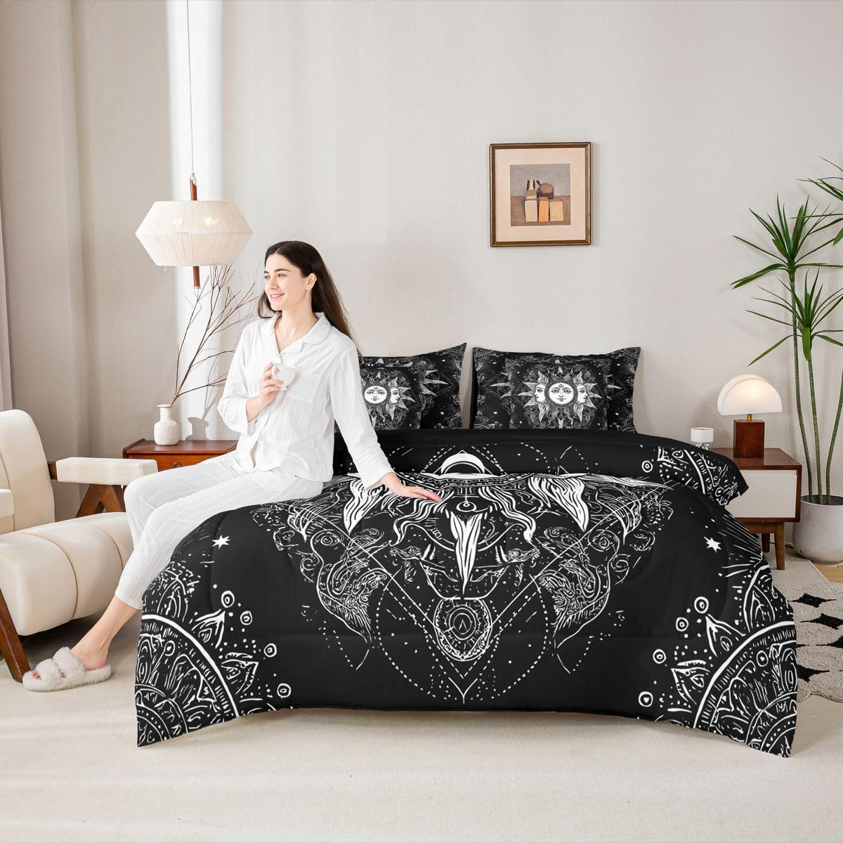 Bohemian Black and White Bed in a Bag Queen Comforter Set 7-Piece | Sun and Moon Bedding Sets Boho Floral Paisley