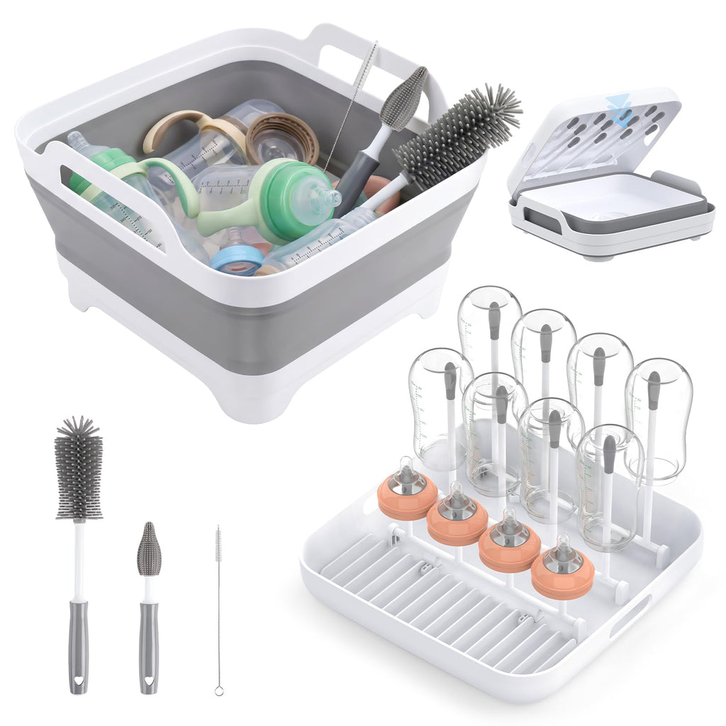 Collapsible Baby Bottle Wash Basin w/Drying Rack & Drain Plug, Gray