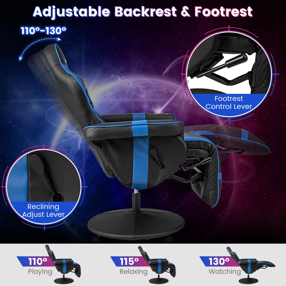 Gaming Chair, Height Adjustable Massage Video Game Chair with Retractable Footrest, Cup Holder, Headrest, Swivel