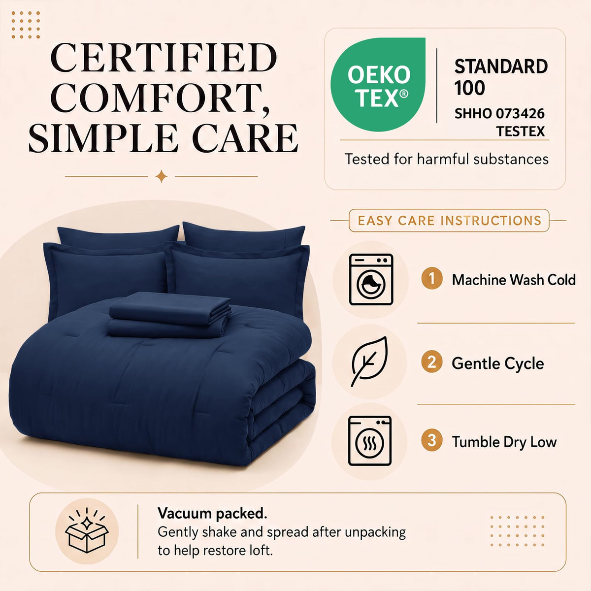 Oversized Comforter Set Navy, 7 Pieces Bed in a Bag