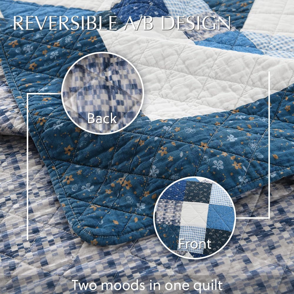 Cotton Quilt Bedding Sets 3 Pieces Soft Reversible Coverlets Luxury Star Real Patchwork Bedspread, Blue White