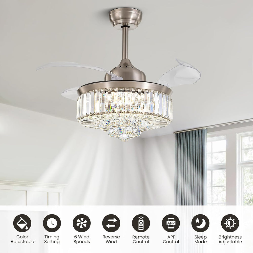 36" Crystal Retractable Ceiling Fan with Light & Remote