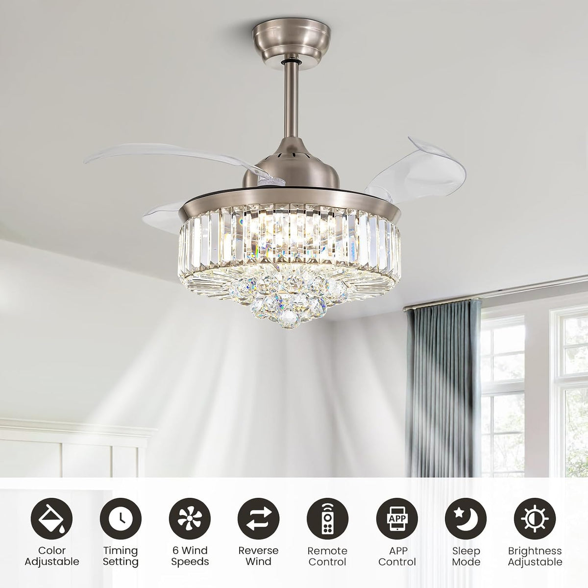 36 Inch Crystal Chandelier Fan, Ceiling Fan with Light and Remote Control, Invisible Retractable Fandelier, Dimmable