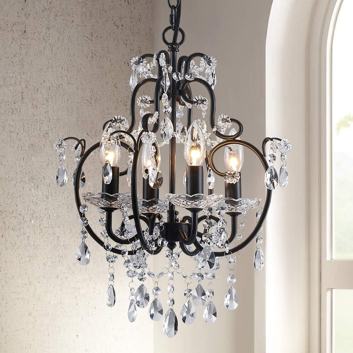 Four-Light Black Iron Chandelier with Faceted K9 Crystal Strands