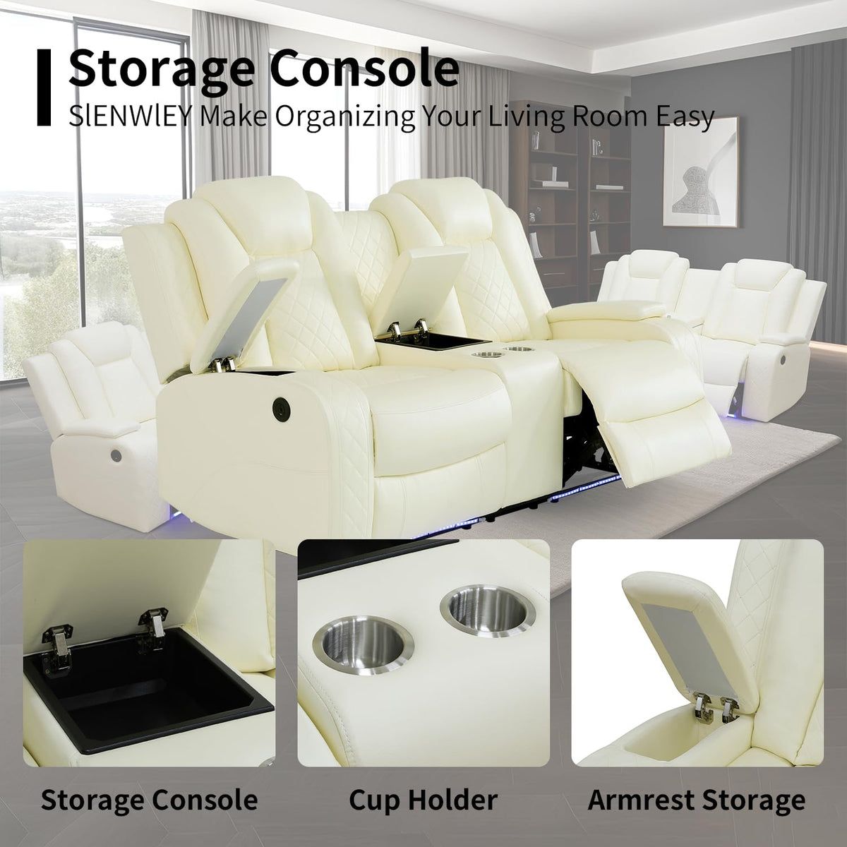 Power Leather Recliner Sofa Set with LED Light