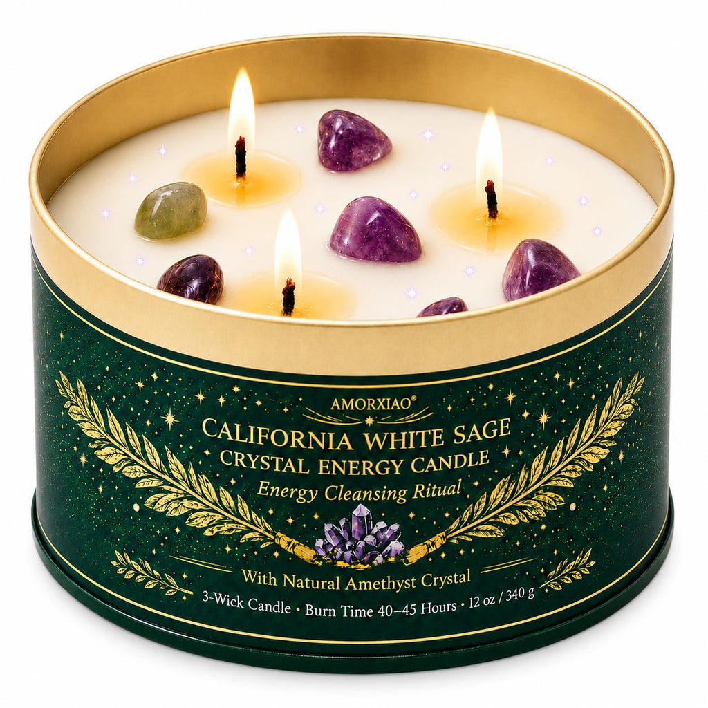 White Sage Candle for Cleansing with Crystals, 12 oz 3-Wick Soy Candle