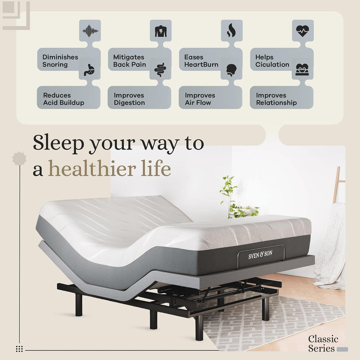 Classic Adjustable Bed Base, Head and Foot Lift, Massage, Under-Bed Lights, USB, Gel Memory, Zero Gravity Smart Frame