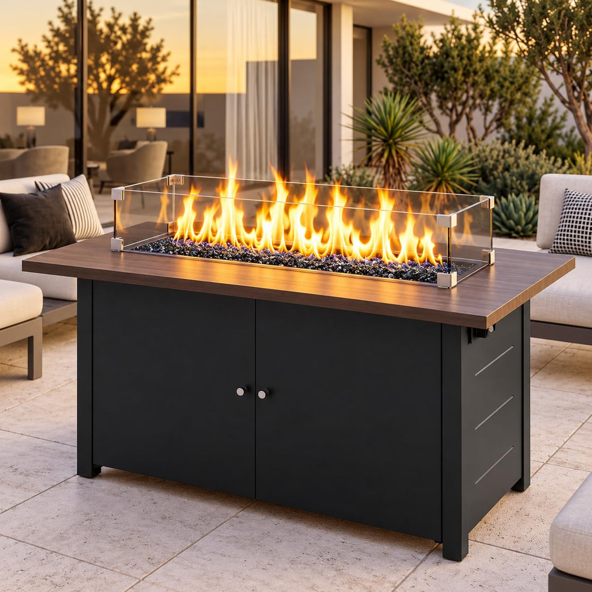 Propane Fire Pit Table 43 Inch with Lid, 60, 000 BTU Gas Fire Pits for Outside Patio with Glass Wind Guard, Dark Black