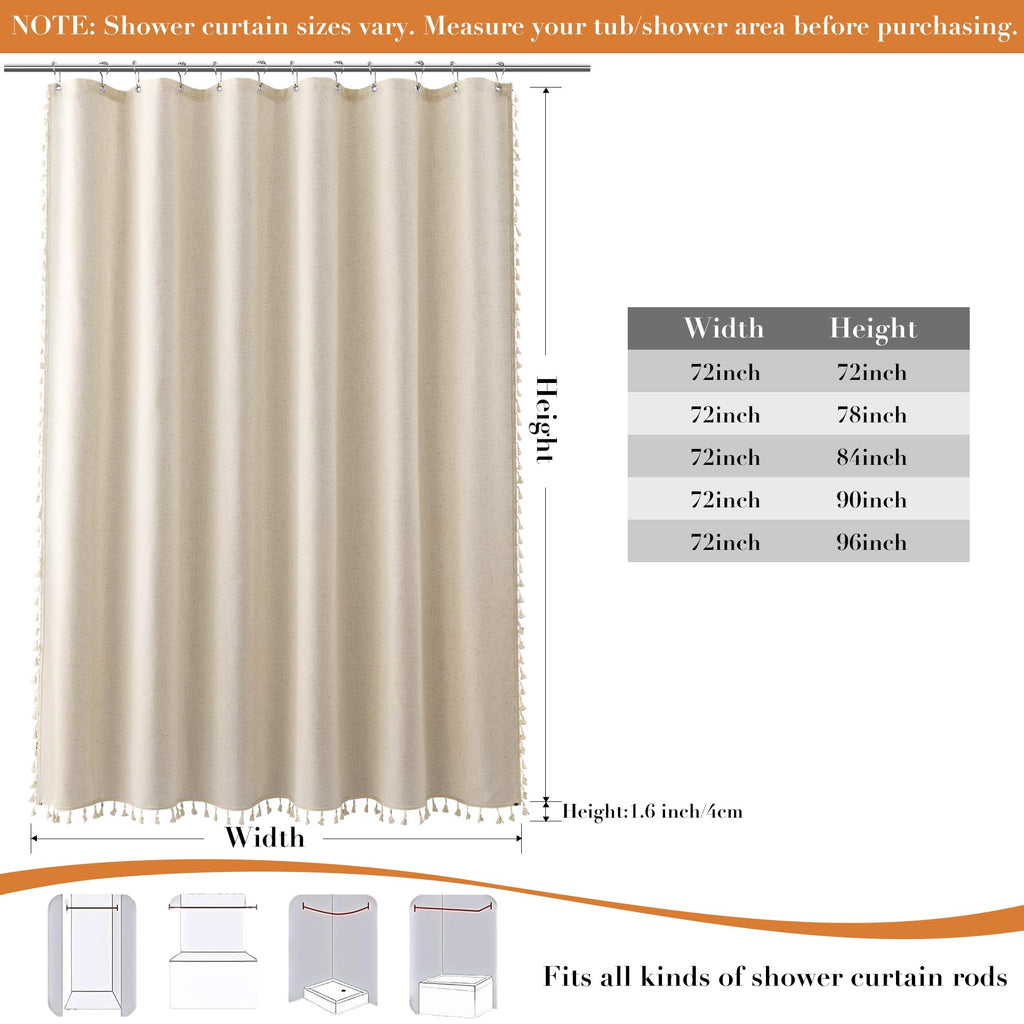 Beige Boho Linen 78 Inches Long Textured Bohemian Tassel Farmhouse Fabric Bath Curtain Set with Hooks Modern Vintage