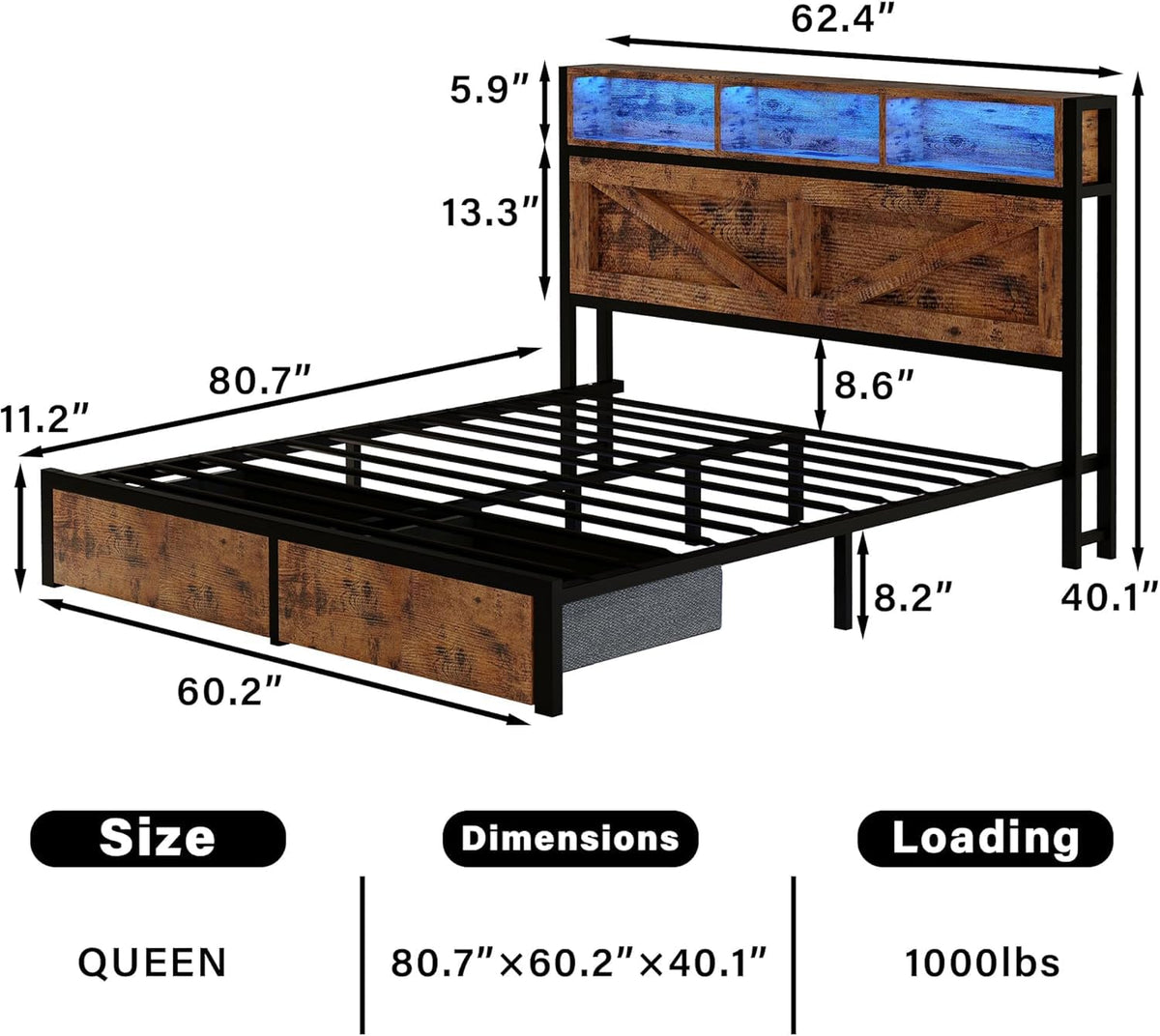 Farmhouse Bed Frame with Storage Bookcase Headboard & Drawers, Brown