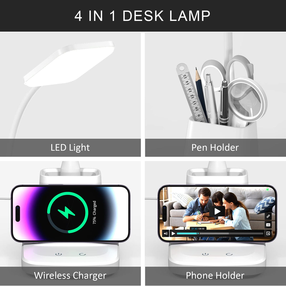 LED Desk Lamp with Wireless Charger, White
