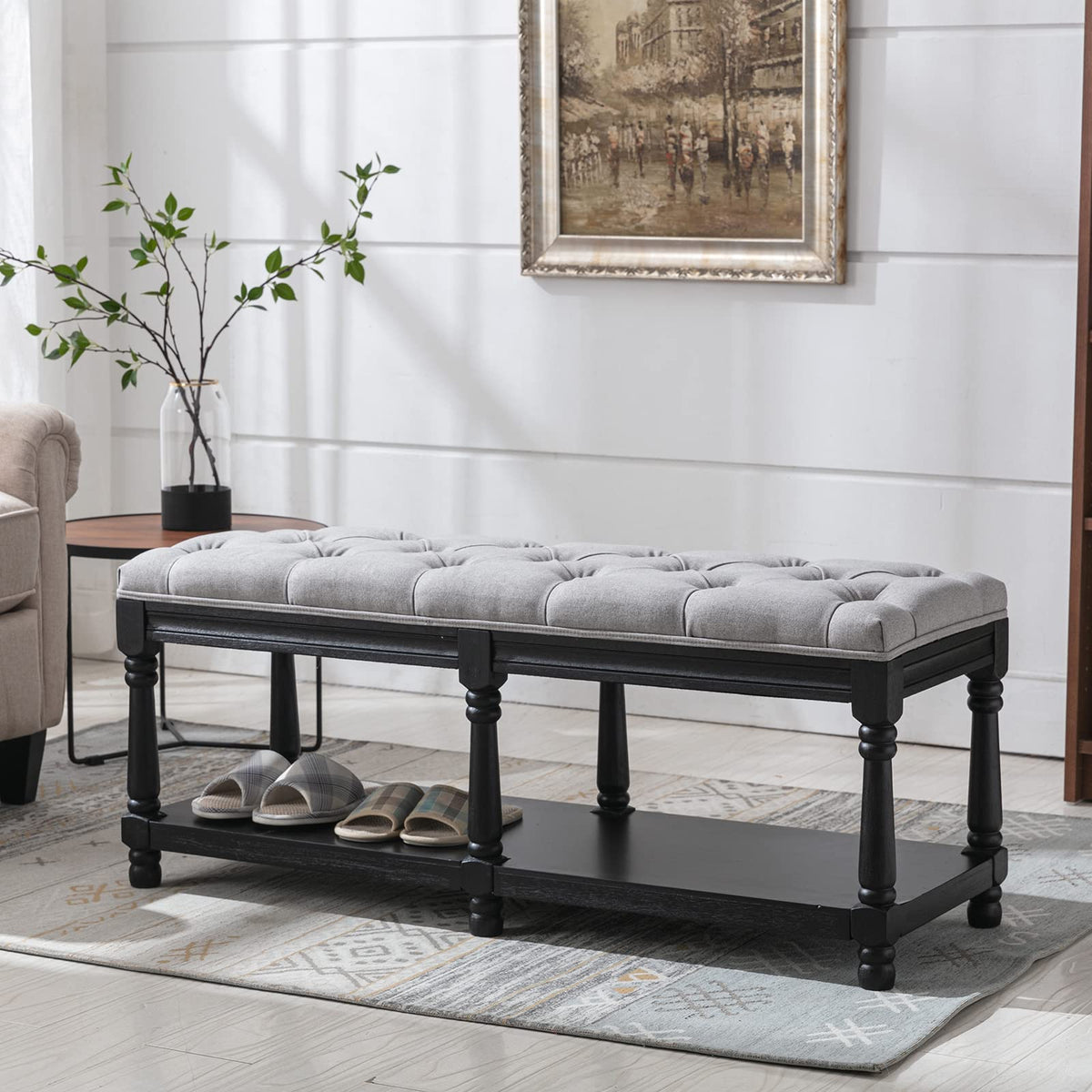 Mid-Century Tufted Storage Bench with Shelf, Linen Upholstered Farmhouse Entryway Shoe Bench Ottoman Bed End Stool