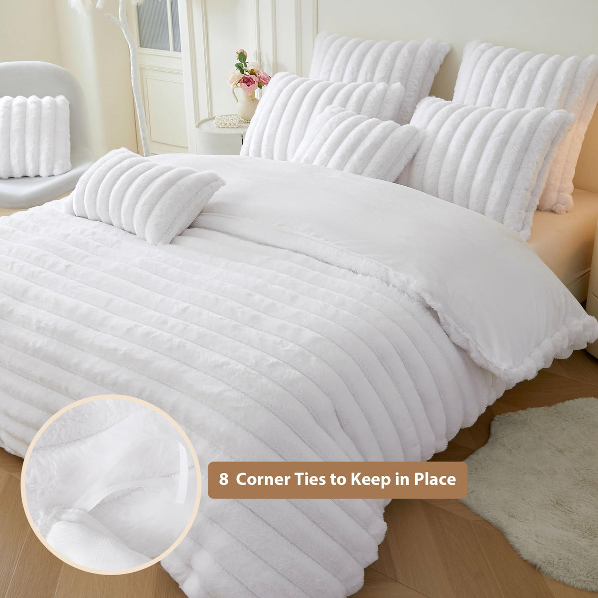 Fluffy Ribbed Faux Rabbit Fur Duvet Cover Set 2 PCS, White