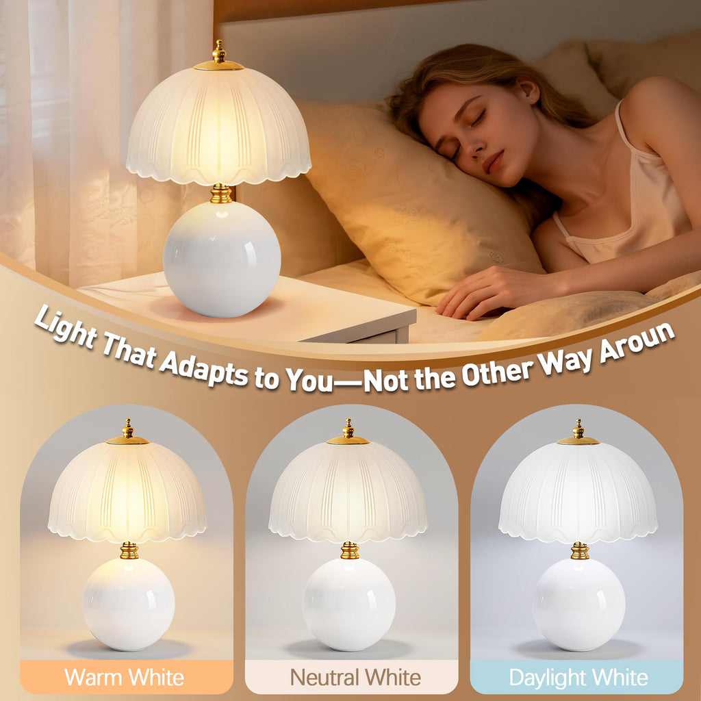 Mushroom Table Lamp, Ceramic Bedside Lamp with Glass Shade, 3-Way Lighting (2700K-5000K) Rocker Switch, Small