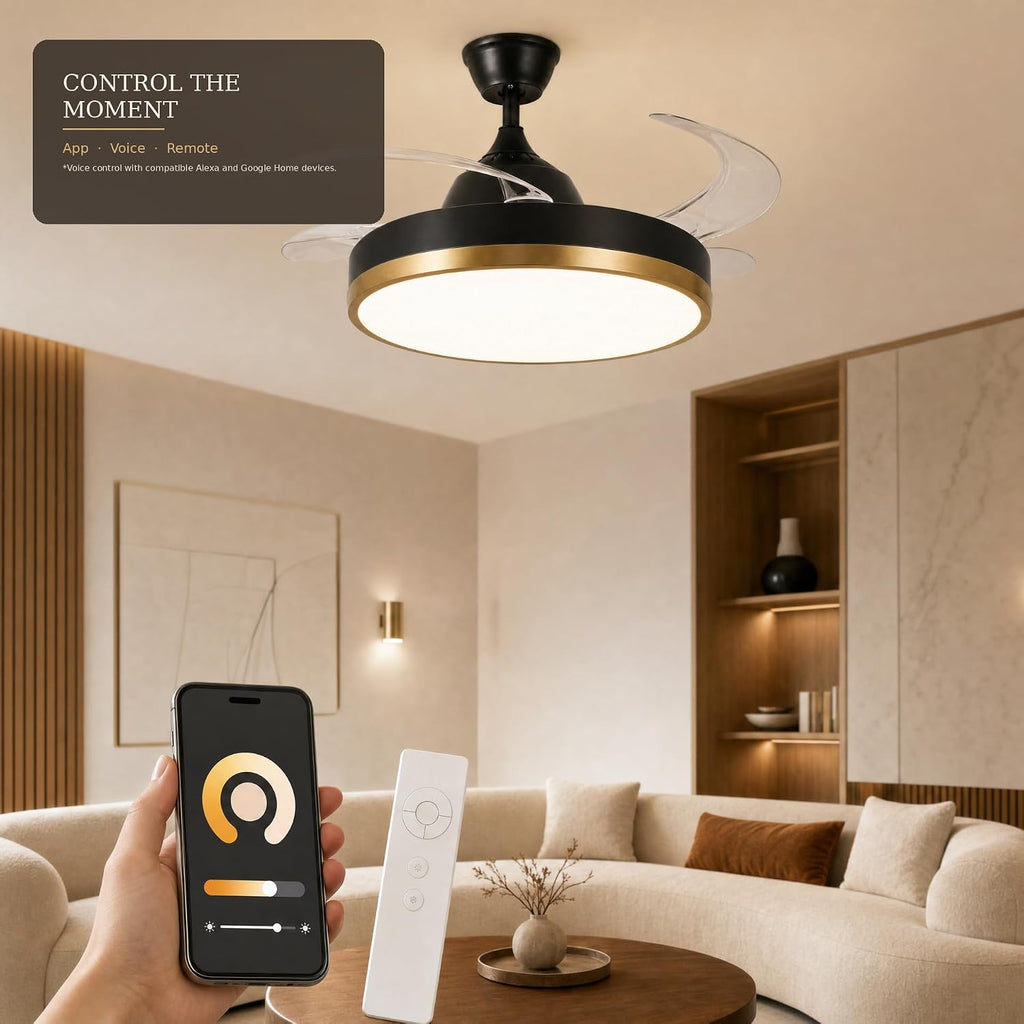 Retractable Ceiling Fan with Lights & Bluetooth, 42" Black and Gold
