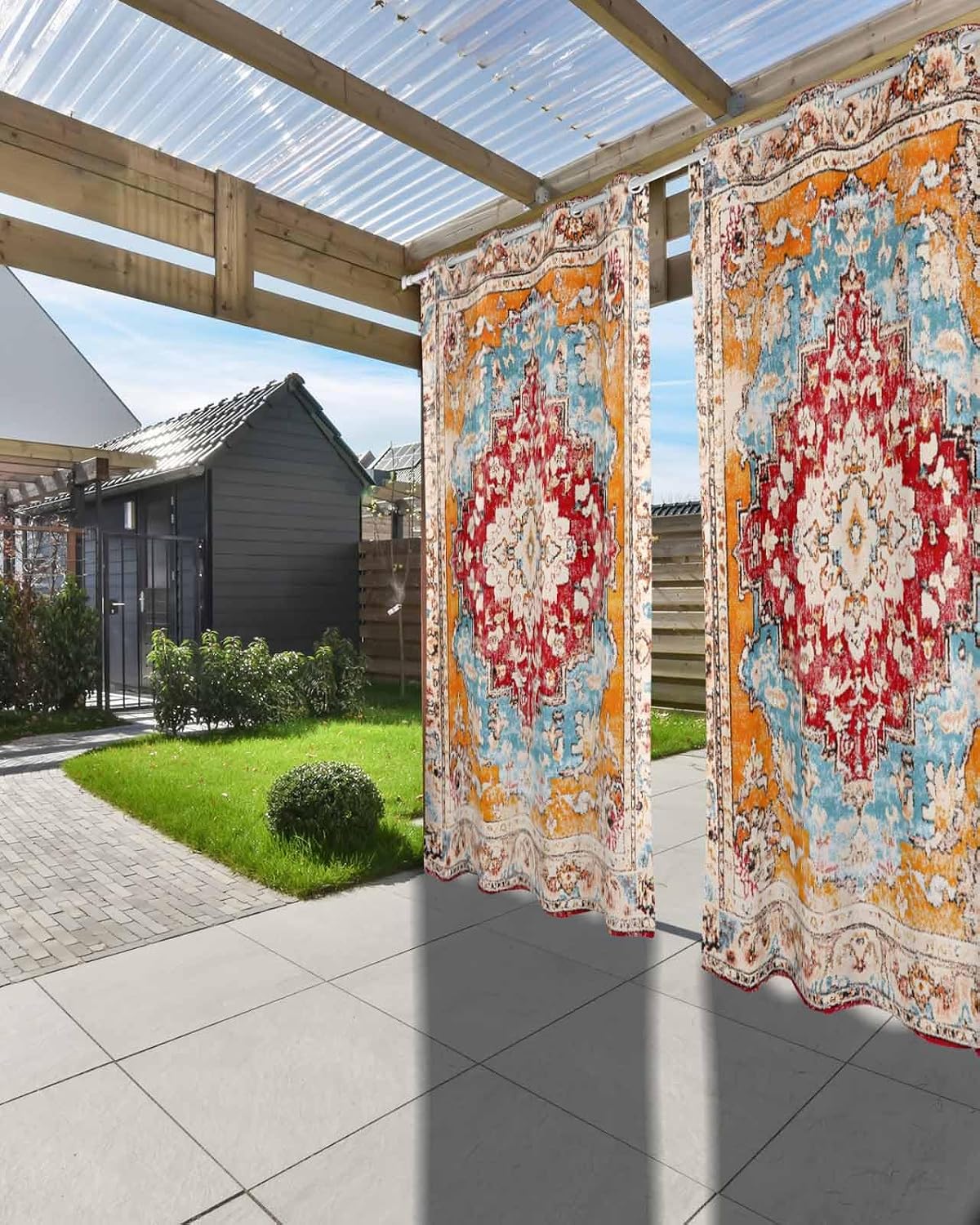 Orange Boho Outdoor Curtain (Set of 2 Panels) Waterproof, Vintage Ethnic Geometric Weatherproof Outside Curtains with Grommet Top