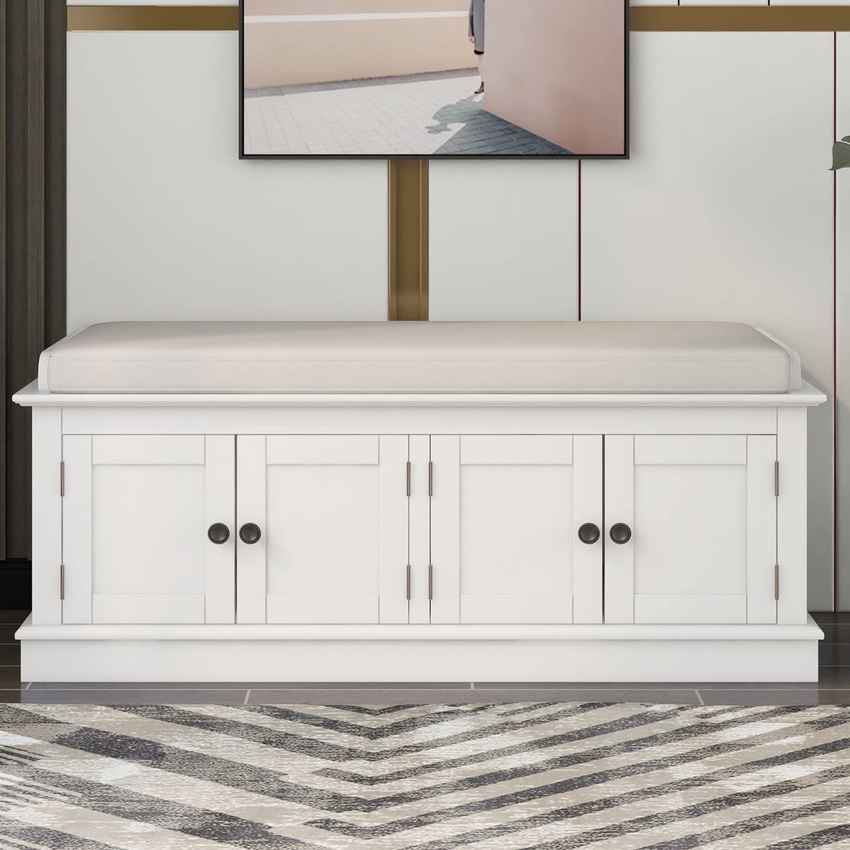 Farmhouse Storage Bench, Wood Storage Benches with Adjustable Shelves, Shoe Bench with Storage and Removable Cushion
