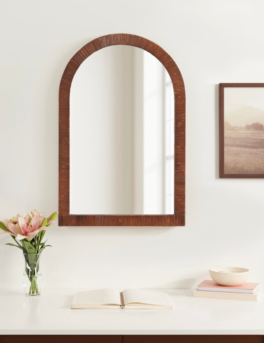 Rahfy Boho Arched Rattan Mirror; 20 x 30; Brown; Decorative Arch Wall Mirror with Authentic Rattan Frame for Vanity