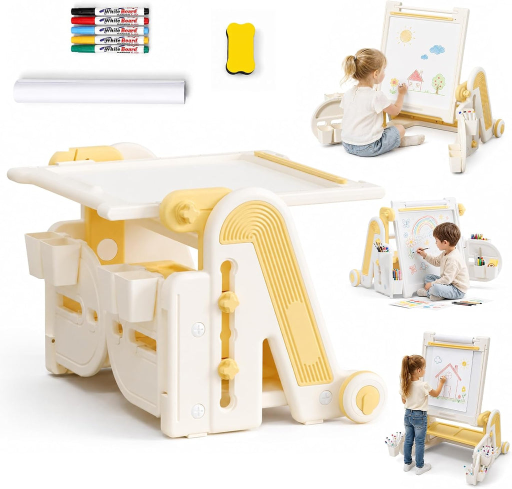 Upgraded in-1 Kids Table with Adjustable Height & Angle, Large Magnetic Tabletop with Markers, Multi-Function