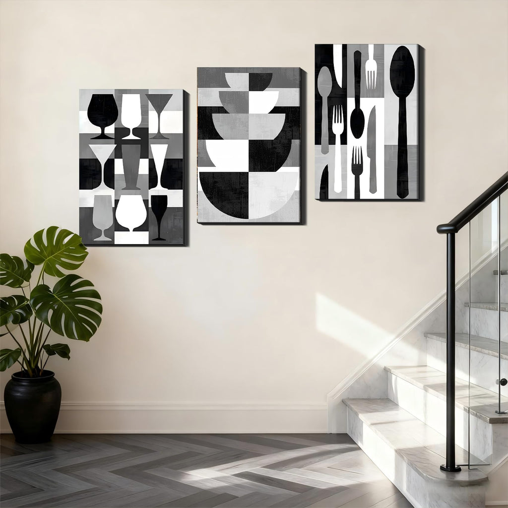 Set of 3 Framed Canvas Pictures - Modern Kitchen Wall Decor, Black & White Utensil Prints, Minimalist Canvas Art