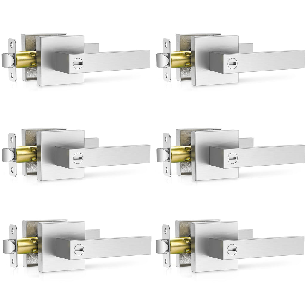 6 Pack Brushed Nickel Door Handle, Door Knobs Interior Heavy Duty, Flat Square Privacy Door Levers, Keyless Door
