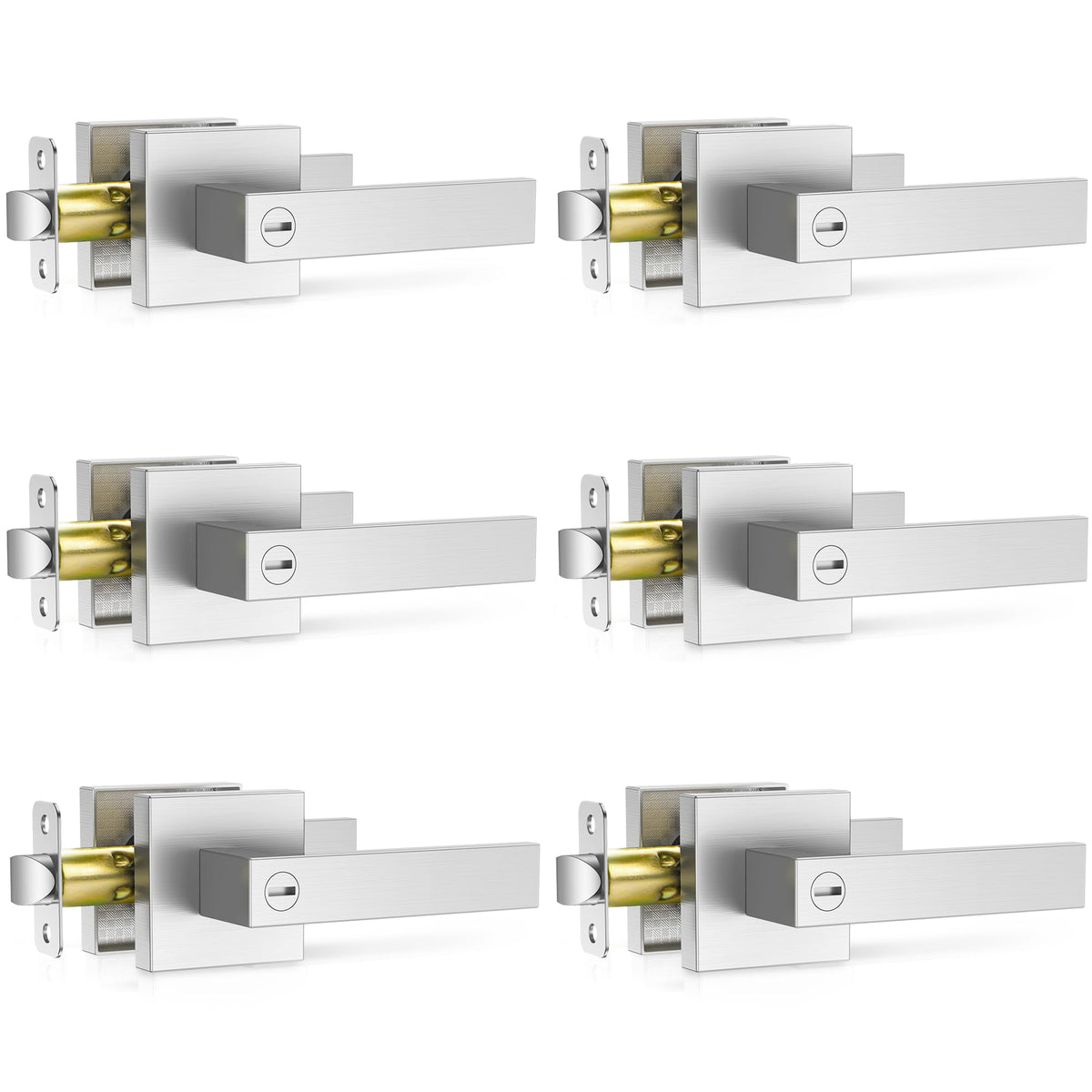 6 Pack Brushed Nickel Door Handle, Door Knobs Interior Heavy Duty, Flat Square Privacy Door Levers, Keyless Door