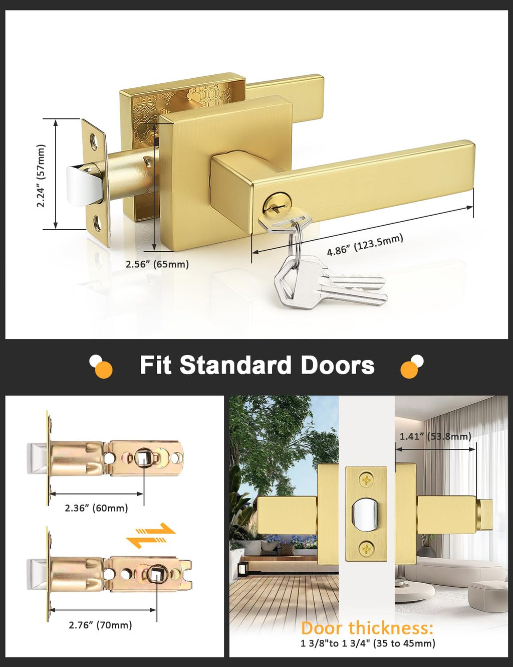 Keyed Alike Entry Door Handle Gold Door Handles Heavy Duty Entrance Door Lock Reversible Square Door Lever or Front