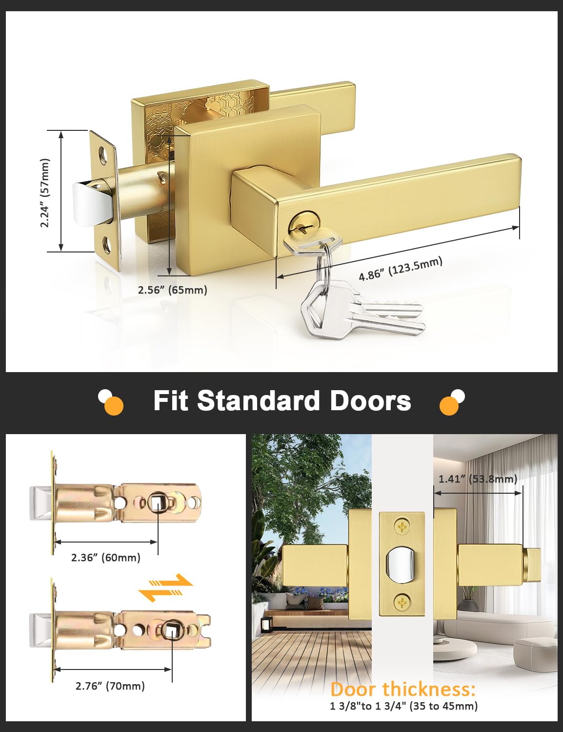 Keyed Alike Entry Door Handle Gold Door Handles Heavy Duty Entrance Door Lock Reversible Square Door Lever or Front