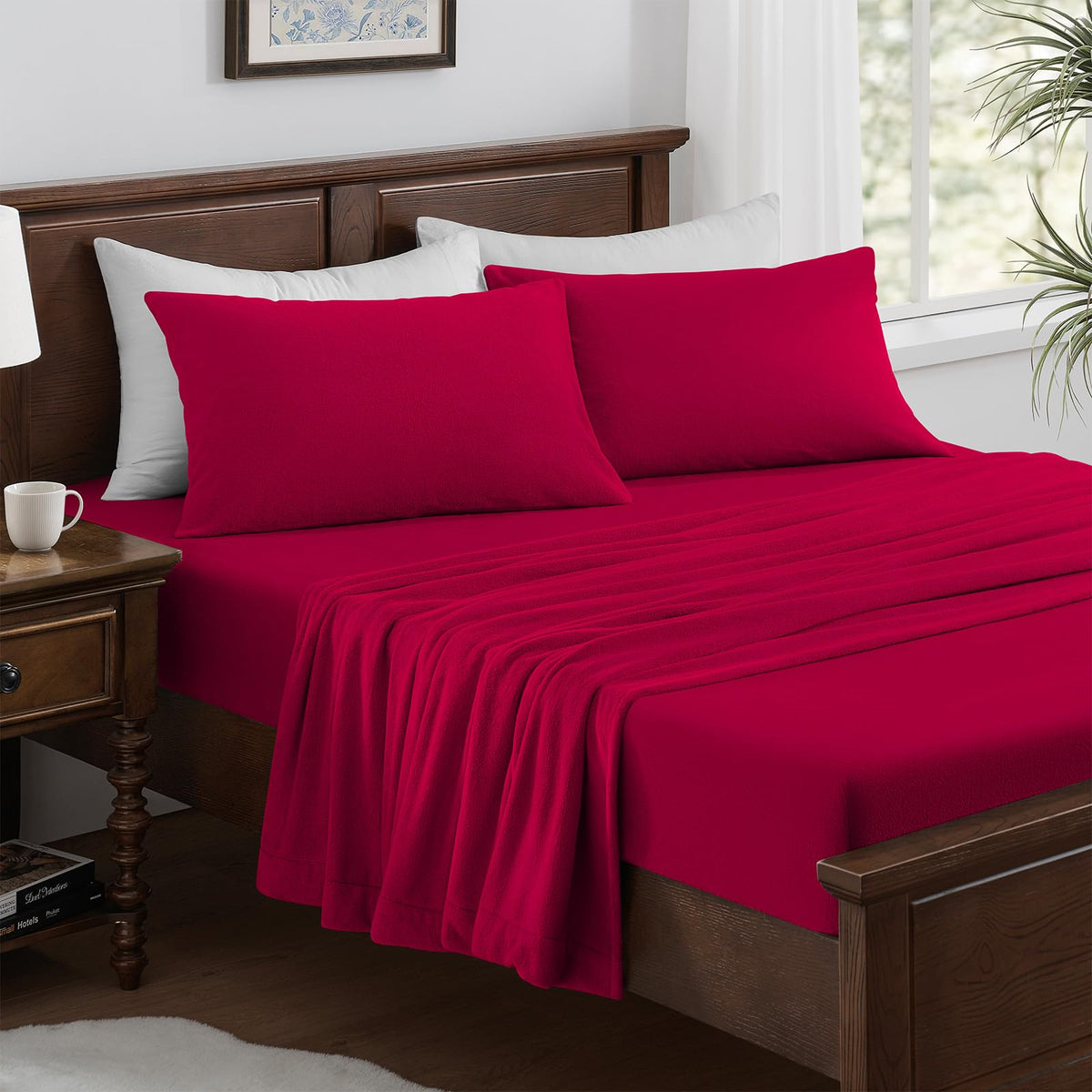 Flannel Fleece Sheet Set Red-Ultra Soft Anti-Static Plush Bedding, 4 Piece(1 Fitted Sheet80×78"×16", 1 Flat