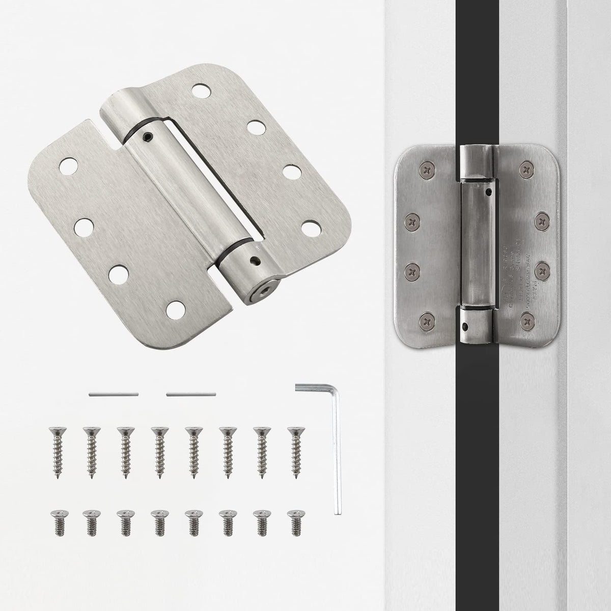 4 Inch Self Closing Door Hinges, 5/8 Inch Radius, Satin Nickel, 2 Pack