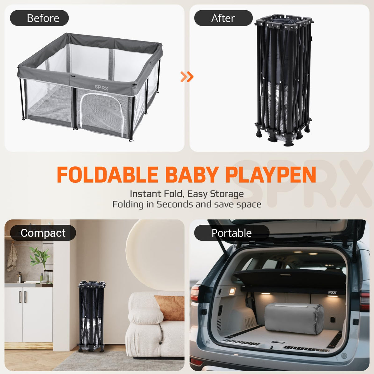 Foldable Baby Playpen with Mat,50"×50" Collapsible Playard for Babies and Toddlers,Indoor&Outdoor Kids Safety Play