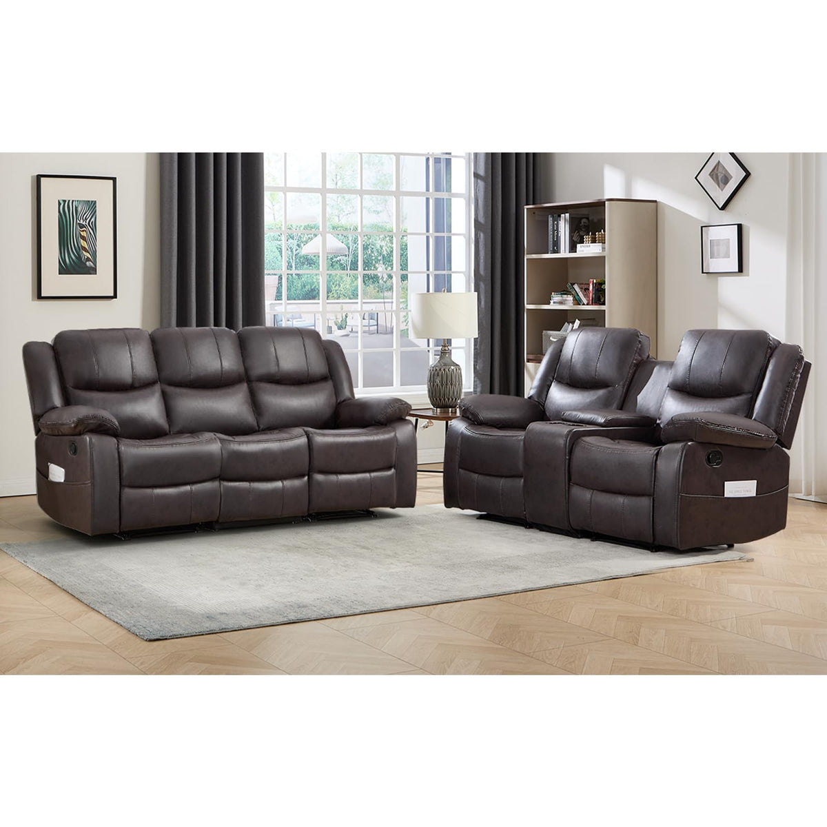 2 Pieces Manual Recliner Sofa Set, Faux Leather Reclining Couch Set, Included Loveseat Recliner Couch and 3 Seat