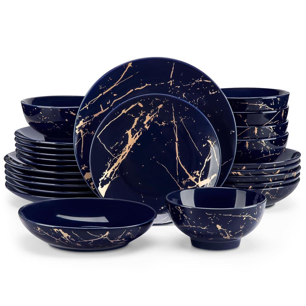 Plates and Bowls Sets for 6, 24 Pieces Porcelain Dinnerware Sets, Dark Blue and Gold Dish Set Gold Splash Dishware