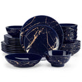 Plates and Bowls Sets for 6, 24 Pieces Porcelain Dinnerware Sets, Dark Blue and Gold Dish Set Gold Splash Dishware