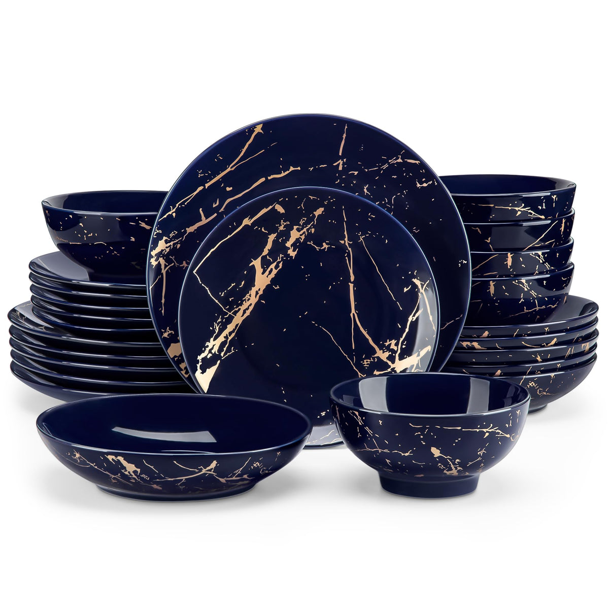 Plates and Bowls Sets for 6, 24 Pieces Porcelain Dinnerware Sets, Dark Blue and Gold Dish Set Gold Splash Dishware