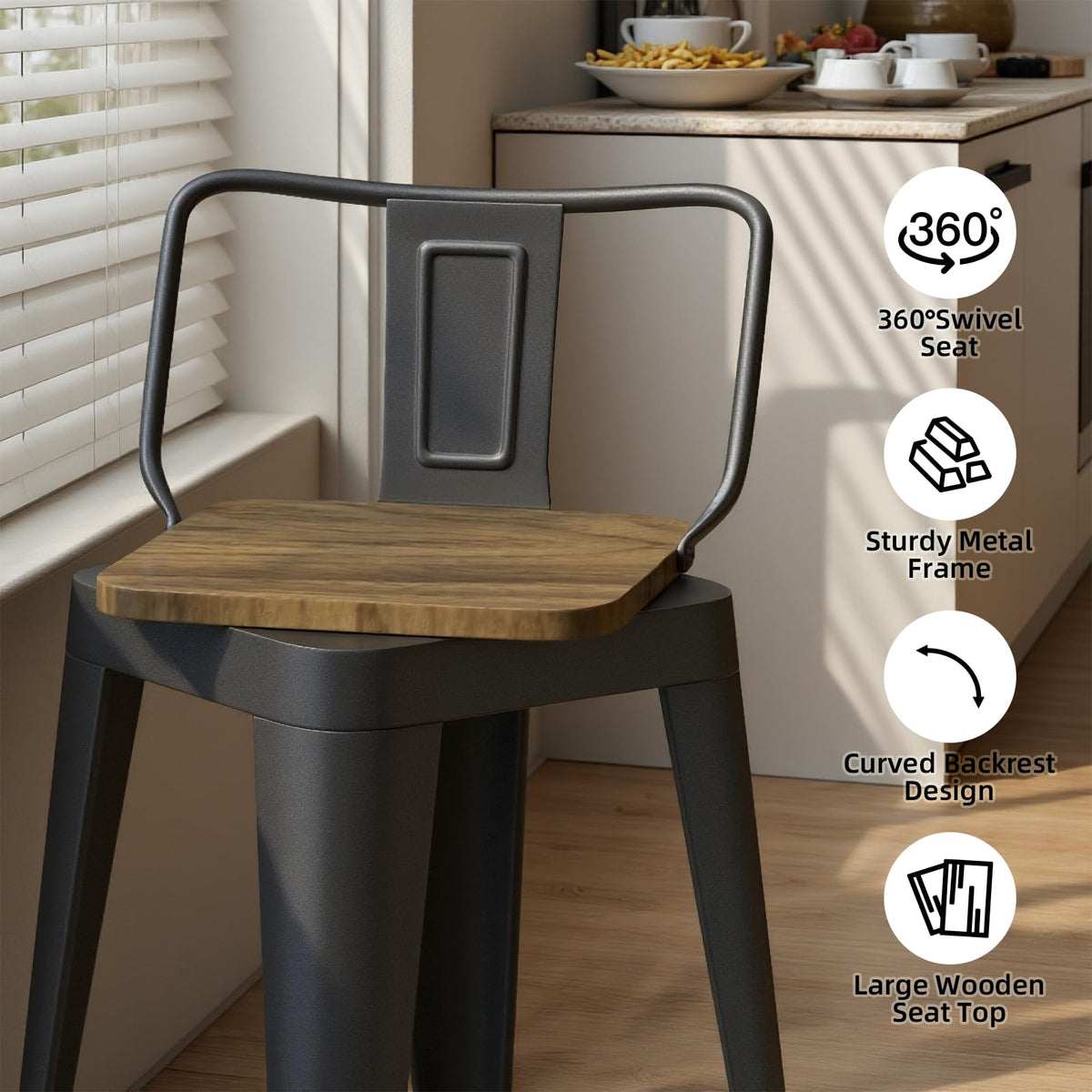 Swivel Bar Stools Set of 4, 24" Counter Height Barstools with Low Back, Industrial Metal Bar Stools with Large Wooden