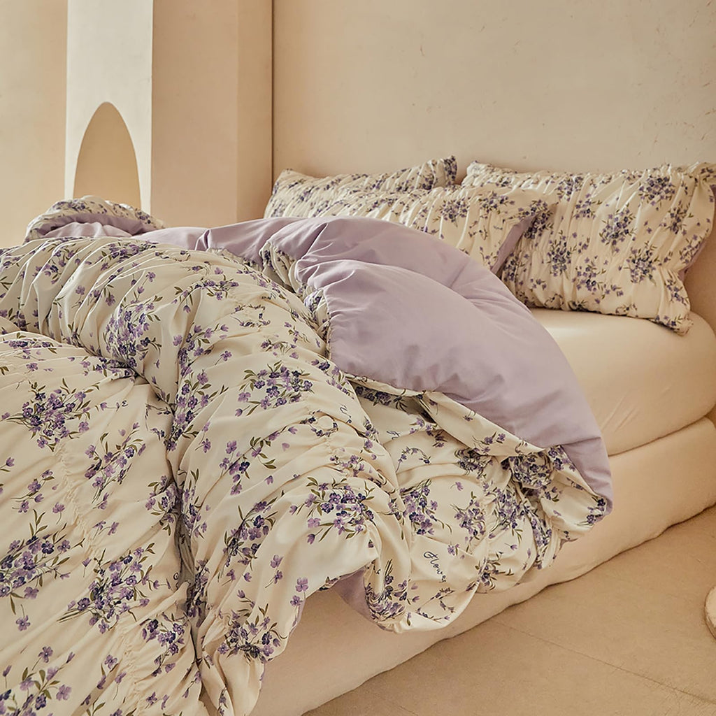 Floral Ruched Duvet Cover, Vintage Boho Textured, Zipper & Ties