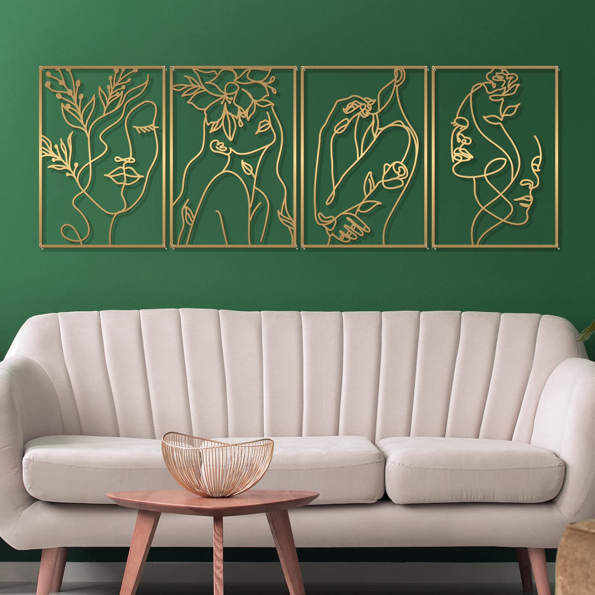 4 Pack Gold Wall Art Decor, Female Flower Face Lover Minimalist Décor Single Line Art Wall Décor, Real Metal Wall