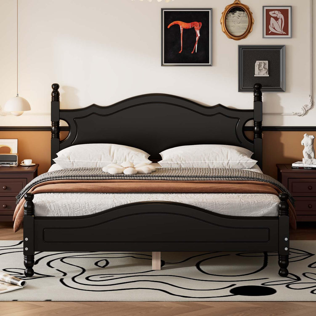 Vintage Wooden Platform Bed Frame with Spindle Headboard (Black)