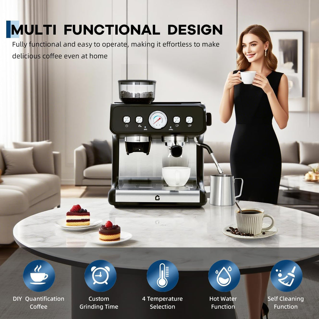 Deluxe Espresso Machine with Double Boiler, Built-in Burr Grinder