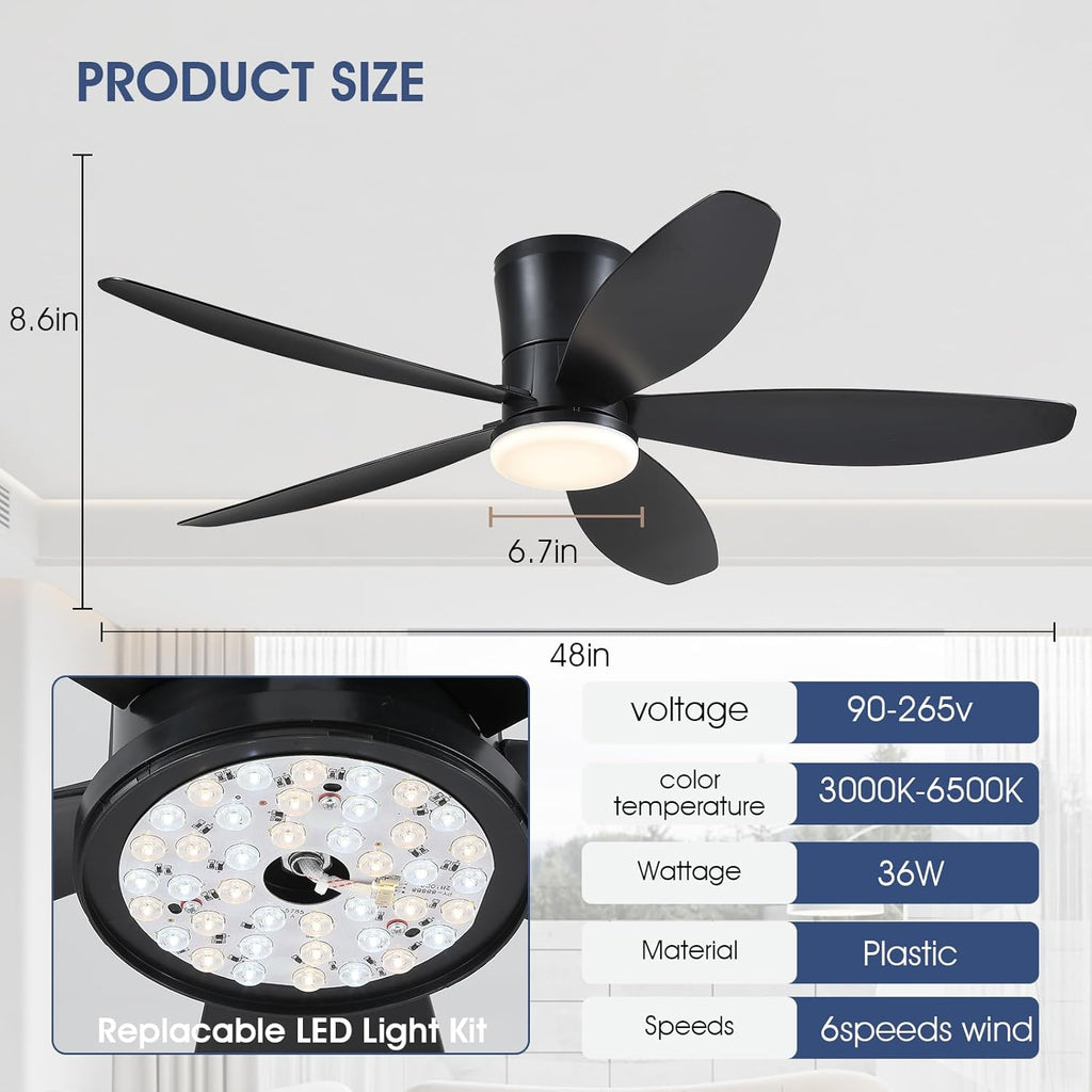 48" Indoor/Outdoor Flush Mount Ceiling Fan with Light & Remote