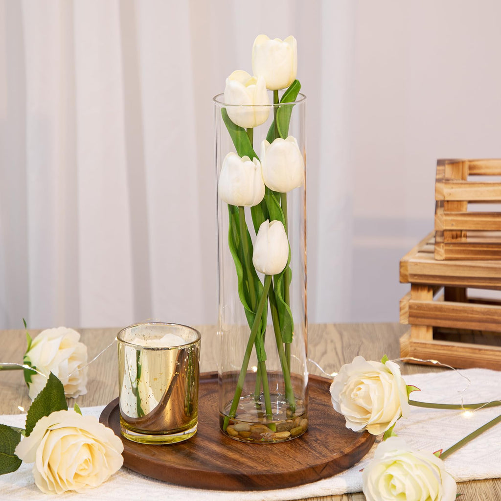 Artificial Tulips in Clear Cylinder Vase Faux PU Tulip Wedding Centerpiece Fake Tulips in Cylinders White Tulip